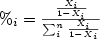 \%_i = \frac{\frac{X_i}{1-X_i}}{\sum_{i}^{n}\frac{X_i}{1-X_i}}